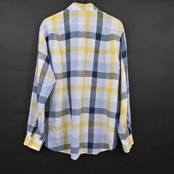 J McLaughlin Mens Plaid Collared Shirt Size XL Linen Blue Yellow Button Down - Picture 2 of 12